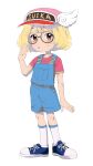  1girl :o absurdres blonde_hair blue_overalls blush brown_eyes cosplay cross-laced_footwear dr._slump dr._stone full_body glasses highres kojirou_(kojirou_sousaku) norimaki_arale norimaki_arale_(cosplay) overalls red_shirt round_eyewear shirt shoes simple_background socks solo suika_(dr.stone) sweatdrop white_background white_socks 