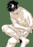  1boy barefoot black_hair closed_mouth green_background juju_net jujutsu_kaisen long_sleeves male_focus pants partially_colored solo sweater 