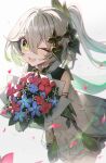  1girl ;d bare_shoulders bouquet cape cross-shaped_pupils detached_sleeves female_child flower genshin_impact gradient_hair green_cape green_eyes green_hair green_sleeves hair_ornament highres leaf_hair_ornament multicolored_hair nahida_(genshin_impact) one_eye_closed pointy_ears side_ponytail smile solo symbol-shaped_pupils white_hair zakkuri 
