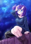  1girl absurdres bike_shorts blue_eyes breasts chrono_trigger collarbone feet_out_of_frame glasses helmet highres lucca_ashtear nekoto_shidou purple_hair short_hair sitting star_(sky) 