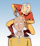 2boys :p aang avatar:_the_last_airbender avatar_legends bald bodysuit cape closed_mouth commentary crossover english_commentary hand_on_another&#039;s_head highres jumpsuit multiple_boys one-punch_man open_mouth pen red_cape saitama_(one-punch_man) smile tanya-buka tattoo tongue tongue_out white_cape yellow_bodysuit yellow_jumpsuit 