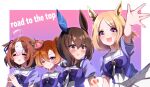  4girls :3 :d ;) =_= absurdres admire_vega_(umamusume) ahoge animal_ears blonde_hair blush border bow bowtie brown_eyes brown_hair copyright_name crown ear_covers ear_ornament gradient_background hairband highres horse_ears horse_girl horseshoe_ornament long_hair low_ponytail meisho_doto_(umamusume) mini_crown mochiyukimi21 multicolored_hair multiple_girls narita_top_road_(umamusume) one_eye_closed orange_hair parted_bangs pink_hairband pleated_skirt puffy_short_sleeves puffy_sleeves purple_background purple_bow purple_bowtie purple_shirt sailor_collar sailor_shirt school_uniform shirt short_hair short_sleeves simple_background single_ear_cover skirt smile streaked_hair t.m._opera_o_(umamusume) tracen_school_uniform two-tone_hair umamusume umamusume:_road_to_the_top upper_body violet_eyes white_border white_hair white_skirt 