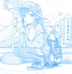  1girl alternate_costume asashio_(kancolle) backpack bag blue_theme bug bus_stop butterfly commentary_request eating food gotou_hisashi grass hat jacket kantai_collection lantern monochrome mountain outdoors pants shirt shoes solo squatting translation_request 