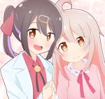  2girls :d absurdres ahoge black_hair bolo_tie brown_eyes commentary hair_between_eyes hair_ornament hairclip highres holding_hands lab_coat long_hair looking_at_viewer multicolored_hair multiple_girls onii-chan_wa_oshimai! open_mouth orusu oyama_mahiro oyama_mihari pink_hair pink_shirt purple_hair red_shirt shirt siblings simple_background sisters smile twintails two-tone_hair wing_collar 