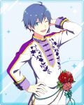  1boy amamine_shu blue_eyes blue_hair earrings fingernails floral_print flower hair_between_eyes idol idolmaster idolmaster_side-m idolmaster_side-m_growing_stars jewelry official_art one_eye_closed open_mouth red_flower red_rose rose solo stud_earrings teeth 