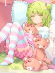  1girl bed bow braid closed_mouth double_bun foot_out_of_frame frills green_eyes green_hair hair_bow hair_bun hair_ornament highres holding holding_stuffed_toy indoors kanase_(mcbrwn18) long_sleeves looking_at_viewer medium_hair morinaka_kazaki nijisanji no_shoes object_hug on_bed pillow pink_bow pink_shorts pink_thighhighs polka_dot polka_dot_bow shirt shorts sitting smile solo striped striped_thighhighs stuffed_animal stuffed_toy teddy_bear thigh-highs white_shirt white_thighhighs 