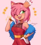 1girl absurdres alternate_costume amy_rose artist_name cake dated dress food furry furry_female gloves hand_on_own_hip highres nire_(nirefuster) one_eye_closed open_mouth pink_background red_dress simple_background solo sonic_(series) teeth the_murder_of_sonic_the_hedgehog watermark white_gloves 