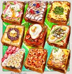  banana banana_slice blueberry border dated food food_focus fried_egg fruit grey_border leaf meat melting no_humans noodles nut_(food) original raspberry shunkashuntou sparkle strawberry strawberry_slice toast 