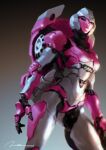  1girl arcee autobot bag breasts colored_skin curvy gerald_parel grey_background helmet highres holding holding_bag humanoid_robot mechanical_parts medium_breasts panties pink_lips pink_panties robot solo thighs transformers underwear 