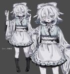  1girl apron arm_up black_footwear black_nails bow full_body grey_background grey_eyes hen10 highres looking_at_viewer monochrome multiple_views open_mouth original simple_background wa_maid white_bow white_hair white_headwear zoom_layer 