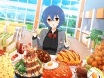  1girl amane_(senran_kagura) apple apple_juice blue_hair blush bow bowl bread breasts cafeteria carton chair cityscape clouds counter curry curry_rice day drink drinking_straw egg food fried_chicken fried_rice fruit glass grass hair_ornament hairpin holding indoors jacket juice_box ketchup large_breasts lettuce looking_at_viewer meat menu menu_board mountainous_horizon mushroom noodles official_art omelet omurice open_clothes open_jacket open_mouth parsley pasta plant plate red_eyes rice sandwich sauce sausage school_uniform senran_kagura senran_kagura_new_link shirt short_hair shrimp shrimp_tempura sitting solo spaghetti spoon sunlight surprised table tempura tomato tree yaegashi_nan 