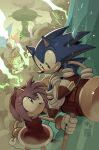  1girl 2boys absurdres amy_rose artist_name blue_eyes digimin dress furry furry_female gloves green_eyes hammer highres holding holding_hammer holding_weapon multiple_boys outdoors red_dress sonic_(series) sonic_the_hedgehog tails_(sonic) watermark weapon white_gloves 