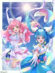  2girls :d absurdres arm_up blue_dress blue_eyes blue_hair blue_sky bow braid cape clenched_hand commentary cure_prism cure_sky detached_sleeves dress earrings elbow_gloves feathers fingerless_gloves frilled_dress frills gloves green_eyes highres hirogaru_sky!_precure jewelry jumping legs_up long_hair looking_at_viewer magical_girl medium_dress multicolored_hair multiple_girls nijigaoka_mashiro open_mouth peteron pink_hair precure puffy_detached_sleeves puffy_sleeves reaching_towards_viewer side_braid single_sidelock sky sleeveless sleeveless_dress smile sora_harewataru standing streaked_hair sun twintails twitter_username two-sided_cape two-sided_fabric very_long_hair white_bow white_dress white_gloves wind wing_hair_ornament 