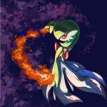  1girl absurdres akira_(akira_art_poke) arm_at_side arm_up back bob_cut colored_skin commentary fire from_behind full_body gardevoir green_hair green_skin hair_over_one_eye highres looking_at_viewer looking_back multicolored_skin mystic_fire_(pokemon) one_eye_covered pokemon pokemon_(creature) pokemon_move purple_background pyrokinesis red_eyes short_hair solo standing two-tone_skin white_skin 