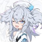  1girl ;o absurdres blue_eyes commentary florence_(girls&#039;_frontline_nc) girls&#039;_frontline_neural_cloud girls_frontline grey_hair heart heart-shaped_pupils highres looking_at_viewer medium_hair messy_hair nurse one_eye_closed open_mouth pa-15_(girls&#039;_frontline) pakua short_eyebrows single_bare_shoulder solo symbol-shaped_pupils touhou upper_body zoom_layer 