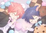  2boys animal_ears black_cape blue_hair candy cape cat_boy cat_ears chibi chocolate_chip_cookie closed_eyes cookie eating food given highres male_focus multiple_boys redhead satou_mafuyu sleeping uenoyama_ritsuka umi8315 