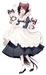  1girl ;d animal_ears apron black_dress brown_hair dog_ears dress hat highres inui_toko juliet_sleeves long_sleeves maid maid_apron nijisanji one_eye_closed pantyhose puffy_sleeves shoes simple_background skirt_hold smile solo sukuna136 white_background white_pantyhose yellow_eyes 