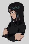  1girl black_hair black_shirt blue_eyes blunt_bangs bruise bruise_on_face cropped cropped_torso from_side frown hands_up highres injury inu_draw long_sleeves medium_hair nico_robin one_piece profile self_hug shirt simple_background solo straight_hair upper_body 