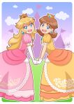  2girls artist_name blonde_hair blue_eyes brown_hair clouds cloudy_sky crown dated dress earrings elbow_gloves gloves happy holding_hands icrisuchiha jewelry long_dress long_hair looking_at_viewer multiple_girls open_mouth princess_daisy princess_peach purple_sky short_hair signature sky smile super_mario_bros. teeth upper_teeth_only watermark white_gloves 