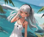  1girl beach black_hairband blue_sky blunt_bangs clouds commentary_request dated day dress dutch_angle green_eyes grey_hair hairband horizon kantai_collection long_hair maestrale_(kancolle) ocean one-hour_drawing_challenge one_side_up outdoors shidou_(shiyou_j) sky smile solo spaghetti_strap sundress tan twitter_username 