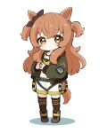  1girl absurdres animal_ears black_ribbon blush boots brown_eyes brown_footwear brown_hair brown_thighhighs chibi closed_mouth commentary_request crop_top dog_tags ear_ribbon full_body green_jacket highres horse_ears horse_girl horse_tail jacket long_hair long_sleeves looking_at_viewer mayano_top_gun_(umamusume) midriff nozo_(hitomiz) open_clothes open_jacket puffy_long_sleeves puffy_sleeves ribbon shadow shirt short_shorts shorts simple_background sleeves_past_wrists solo standing tail thigh-highs thighhighs_under_boots two_side_up umamusume very_long_hair white_background white_shorts yellow_shirt 
