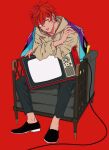  1boy black_footwear black_pants cable couch given highres hood hoodie kizu_natsuki male_focus on_couch open_mouth pants red_background red_eyes redhead satou_mafuyu sitting solo television 