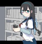  1girl alternate_hairstyle black_hair blue_eyes blue_sailor_collar blue_skirt braid breasts commentary_request glasses green_hairband hairband hip_vent kantai_collection long_hair long_sleeves low_twintails necktie ooyodo_(kancolle) red_necktie sailor_collar school_uniform serafuku shelf shikishima_fugen shirt skirt small_breasts smile solo tumbler twin_braids twintails upper_body white_shirt 