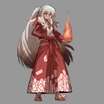  1girl alternate_costume barefoot feet fire fujiwara_no_mokou grey_background highres jacket kaibootsu looking_at_viewer ofuda ofuda_on_clothes ponytail red_eyes sandals simple_background solo toes touhou white_hair 