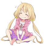  1girl barefoot blonde_hair blush bow collarbone futaba_anzu grin hair_bobbles hair_bow hair_ornament idolmaster idolmaster_cinderella_girls idolmaster_cinderella_girls_starlight_stage ixy jacket long_hair long_sleeves looking_at_viewer low_twintails neck_ribbon open_clothes open_jacket open_mouth pink_jacket purple_shorts red_ribbon ribbon shirt shorts simple_background sitting smile soles solo toes twintails very_long_hair white_background white_shirt 