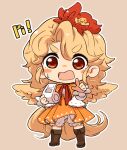  1girl animal animal_on_head bird bird_on_head blonde_hair bloomers blush boots border brown_footwear chick dress full_body holding holding_whistle knee_boots long_sleeves multicolored_hair niwatari_kutaka on_head open_mouth orange_dress pointing pointing_at_viewer red_eyes redhead shirt short_hair solo touhou two-tone_hair uisu_(noguchipint) underwear whistle white_bloomers white_shirt 