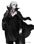  1boy artist_name black_jack_(character) black_jack_(series) briefcase coat coat_on_shoulders collared_shirt gloves hair_over_one_eye holding holding_briefcase indesign long_sleeves male_focus monochrome multicolored_hair neck_ribbon red_ribbon ribbon scar shirt short_hair simple_background solo split-color_hair spot_color trench_coat twitter_username two-tone_hair 