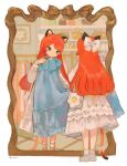  1girl animal_ears bag basket blue_dress bow clothes_rack commentary_request dot_nose dress flower frilled_dress frills grey_bow grey_dress grey_footwear hair_bow hand_up highres holding holding_clothes holding_dress long_hair looking_at_mirror mirror myu_(3u_gumi) orange_hair orange_tail original parted_lips picture_frame reflection ribbon tail tail_ornament tail_ribbon twitter_username violet_eyes 