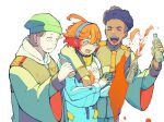  1girl 2boys :d afro_puffs arm_over_shoulder asticassia_school_uniform beanie blue_eyes bottle brown_hair closed_eyes dark-skinned_male dark_skin gundam gundam_suisei_no_majo hair_between_eyes hairband hat holding holding_bottle jacket long_sleeves looking_at_another multiple_boys nuno_kargan ojelo_gabel open_mouth redhead school_uniform short_hair simple_background smile spilling stained_clothes standing suiseikaro suletta_mercury thick_eyebrows upper_body white_background white_jacket wide_sleeves 