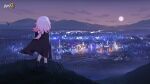  1girl aged_down black_coat black_footwear building chinese_commentary city city_lights clouds coat elysia_(honkai_impact) female_child full_body full_moon highres honkai_(series) honkai_impact_3rd logo looking_afar medium_hair moon mountain official_art official_wallpaper pink_hair pointy_ears ribbon road sky solo standing white_ribbon 