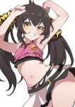  1girl armpits arms_up belt black_belt black_hair blush commentary cowboy_shot cropped_shirt dot_nose enji49036765 grin hair_between_eyes hair_ribbon heart heart_necklace highres idolmaster idolmaster_cinderella_girls idolmaster_cinderella_girls_u149 jewelry long_hair looking_at_viewer matoba_risa navel necklace pink_shirt ribbon sekienji shirt sidelocks skirt smile solo stomach thighs twintails white_background white_skirt yellow_eyes 