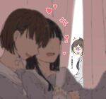  3girls annoyed blurry blurry_foreground commentary_request grey_shirt heart lab_coat long_sleeves multiple_girls muromaki original parted_lips school_uniform serafuku shirt smile translation_request yuri 