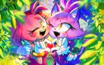  amy_rose artist_name blaze_the_cat blurry blurry_background blush cheek-to-cheek depth_of_field dress furry furry_female gloves heads_together heart highres jacket looking_at_viewer one_eye_closed onlyastra open_mouth outdoors plant purple_jacket red_dress sonic_(series) teeth upper_teeth_only watermark white_gloves 