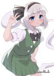  1girl black_bow black_bowtie black_hairband blue_eyes bow bowtie closed_mouth commentary ghost green_vest grey_hair hairband highres konpaku_youmu konpaku_youmu_(ghost) looking_at_viewer rital short_sleeves simple_background smile solo touhou twitter_username vest w white_background 
