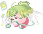  ahoge anna_mel black_eyes blush card copy_ability creature green_hair green_ribbon kirby kirby_(series) lowres magia_record:_mahou_shoujo_madoka_magica_gaiden mahou_shoujo_madoka_magica momosammy no_humans open_mouth ponytail ribbon simple_background swept_bangs veil white_background 