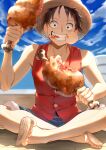  1boy absurdres black_eyes black_hair blue_sky boned_meat buttons day eating food grin hands_up hat highres holding holding_food indian_style male_focus meat monkey_d._luffy one_piece red_shirt sandals shirt shorts sitting sky sleeveless smile solo straw_hat yoshiyoshiwa 