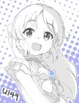  1girl bow brooch commentary_request dress hair_bow idolmaster idolmaster_cinderella_girls idolmaster_cinderella_girls_u149 jewelry long_hair looking_at_viewer monochrome mugenmaru open_mouth short_sleeves sketch smile solo spot_color tachibana_arisu two-tone_background upper_body 