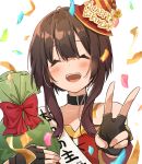  1girl :d ^_^ alternate_headwear birthday black_choker black_gloves black_hair blunt_bangs blush bow choker closed_eyes commentary confetti double-parted_bangs dress english_text fingerless_gloves gift gift_bag gloves happy happy_birthday hat highres holding holding_gift kono_subarashii_sekai_ni_shukufuku_wo! megumin nut_megu open_mouth party_hat red_bow red_dress short_hair_with_long_locks signature simple_background smile solo teeth upper_body upper_teeth_only v white_background wide_sleeves 