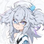  1girl absurdres blue_eyes closed_mouth commentary florence_(girls&#039;_frontline_nc) girls&#039;_frontline_neural_cloud girls_frontline grey_hair heart heart-shaped_pupils highres looking_at_viewer medium_hair messy_hair nurse pa-15_(girls&#039;_frontline) pakua short_eyebrows single_bare_shoulder smile solo symbol-shaped_pupils touhou upper_body zoom_layer 