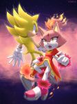  1boy 1girl absurdres artist_name blaze_the_cat burning_blaze carue32 furry furry_female furry_male gloves highres jacket open_mouth pants red_jacket shoes sonic_(series) sonic_the_hedgehog space super_sonic watermark white_gloves white_pants 