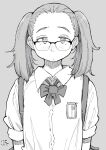  1girl blush bow dated glasses grey_background greyscale hadashi_no_kenji highres id_card looking_at_viewer monochrome original school_uniform shirt short_sleeves solo twintails upper_body white_shirt 