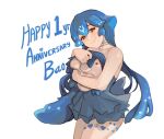  1girl anniversary bao_(vtuber) bare_shoulders blue_hair cowboy_shot dress grey_dress holding indie_virtual_youtuber long_hair looking_at_viewer simple_background smile solo strapless strapless_dress thernz very_long_hair white_background 
