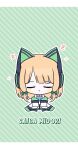  1girl :o animal_ear_headphones animal_ears black_shorts blonde_hair blue_archive blue_necktie bow character_name chibi closed_eyes collared_shirt diagonal_stripes facing_viewer fake_animal_ears full_body green_background green_bow green_footwear hair_bow headphones highres jacket long_sleeves midori_(blue_archive) necktie outline parted_lips seno_(senohime) shirt shoes shorts sidelocks sitting sleeping sleeves_past_fingers sleeves_past_wrists solo striped striped_background suspender_shorts suspenders white_jacket white_outline white_shirt wide_sleeves zzz 