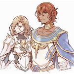 1boy 1girl armor blue_cape breastplate brown_eyes cape choker closed_mouth collarbone cropped_torso dohalim_(tales) frown hair_between_eyes highres kisara_(tales) light_brown_hair long_hair mishiro_(andante) orange_eyes redhead shirt short_hair shoulder_armor sketch tales_of_(series) tales_of_arise twitter_username upper_body white_background white_shirt yellow_choker 