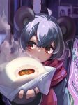  1girl ahoge animal_ears baozi blush closed_mouth commentary eyebrows_hidden_by_hair food grey_hair grey_shirt highres holding holding_food kakedashi looking_at_food mouse_ears mouse_girl nazrin red_eyes red_scarf scarf shirt short_hair smile solo steam touhou upper_body ventilation_fan 