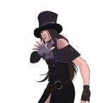  1other androgynous ascot asymmetrical_gloves asymmetrical_sleeves bare_shoulders black_gloves black_headwear brown_hair fingerless_gloves gloves guilty_gear guilty_gear_strive hat highres jamiroquai long_hair looking_at_viewer other_focus parody red_eyes testament_(guilty_gear) top_hat white_ascot white_gloves xenosweater 
